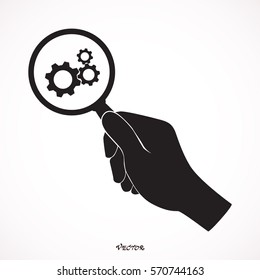 Business Analysis symbol with magnifying glass icon and gear. 