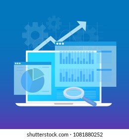 business analysis system, gradient blue light concept. there are computer laptop and graph screen. vector illustration