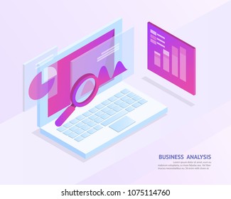 business analysis system, isometric blue light concept. there are computer laptop and graph screen. vector illustration