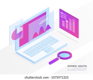business analysis system, isometric blue light concept. there are computer laptop and graph screen. vector illustration