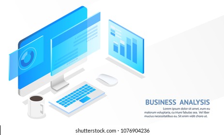 Business Analysis System, Isometric Blue Light Concept. There Are Computer Laptop And Graph Screen. Vector Illustration