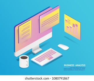 business analysis system, isometric blue light concept. there are computer laptop and graph screen. vector illustration