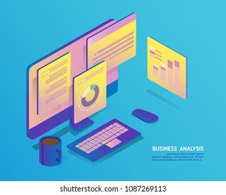 business analysis system, isometric blue light concept. there are computer laptop and graph screen. vector illustration