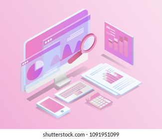 business analysis system, isometric blue light concept. there are computer laptop and graph screen. vector illustration