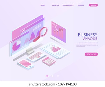business analysis system, isometric blue light concept. there are computer laptop and graph screen. vector illustration