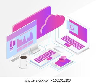 business analysis system, isometric blue light concept. there are computer laptop and graph screen. vector illustration