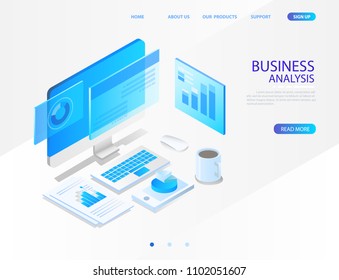 business analysis system, isometric blue light concept. there are computer laptop and graph screen. vector illustration