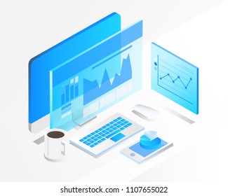 business analysis system, isometric blue light concept. there are computer laptop and graph screen. vector illustration