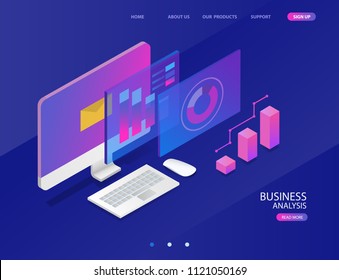 Business Analysis System, Isometric Blue Light Concept. There Are Computer Laptop And Graph Screen. Vector Illustration