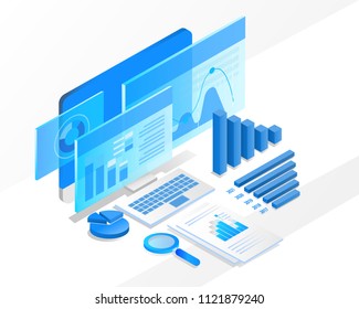 business analysis system, isometric blue light concept. there are computer laptop and graph screen. vector illustration