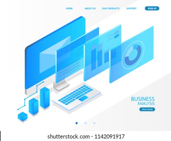 Business Analysis System, Isometric Blue Light Concept. There Are Computer Laptop And Graph Screen. Vector Illustration