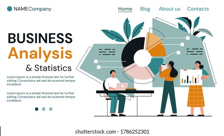 Business analysis and teamwork concept with diverse people analysing statistical charts and graphs and copyspace for text, colored vector illustration