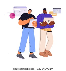Business analysis teamwork. People research information. Analysts evaluate performance quality. Researchers team benchmarking KPI of project. Management flat isolated vector illustration on white