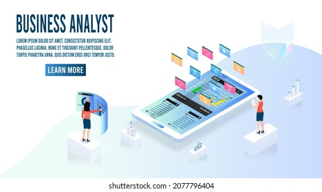 Concepto de tecnología de análisis de negocios. ilustración vectorial isométrica. Proceso de trabajo con una gran base de datos sobre el sistema de centros de datos para diagramas de estadísticas de gestión de ventas e informes operacionales