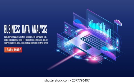 Technologiekonzept für Unternehmensanalyse isometrische Vektorgrafik. Prozess der Arbeit mit einer großen Datenbank über das Rechenzentrum-System für Diagramme von Vertriebsmanagement-Statistiken und Betriebsberichten
