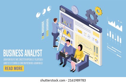 Concepto de tecnología de análisis de negocios. ilustración vectorial isométrica. Procesar trabajando con una base de datos grande