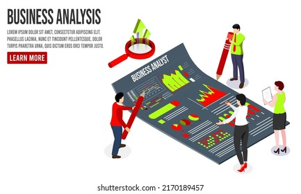 Concepto de tecnología de análisis de negocios. ilustración vectorial isométrica. Proceso de trabajo con una gran base de datos sobre el sistema de centros de datos para diagramas de estadísticas de gestión de ventas e informes operacionales