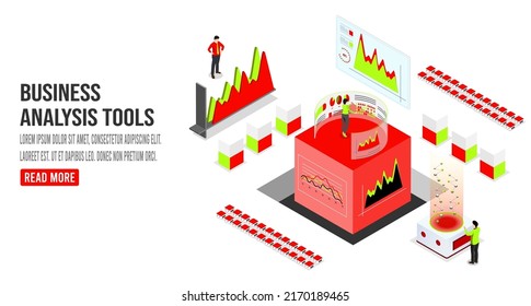 Business analysis technology concept. isometric vector illustration. Process working with big database on data center system for diagrams of sales management statistics and operational reports