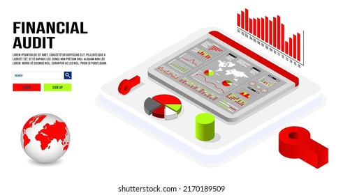 Concepto de tecnología de análisis de negocios. ilustración vectorial isométrica. Proceso de trabajo con una gran base de datos sobre el sistema de centros de datos para diagramas de estadísticas de gestión de ventas e informes operacionales
