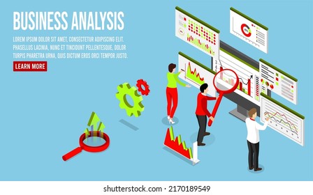 Business analysis technology concept. isometric vector illustration. Process working with big database on data center system for diagrams of sales management statistics and operational reports