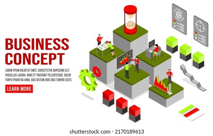 Concepto de tecnología de análisis de negocios. ilustración vectorial isométrica. Proceso de trabajo con una gran base de datos sobre el sistema de centros de datos para diagramas de estadísticas de gestión de ventas e informes operacionales