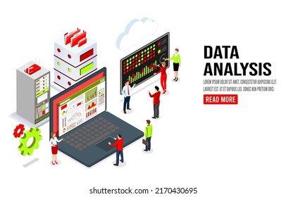 Business analysis technology concept. isometric vector illustration. Process working with big database on data center system for diagrams of sales management statistics and operational reports