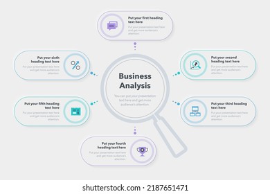Business Analysis template with six stages with a magnifier as a main symbol. Easy to use for your website or presentation.