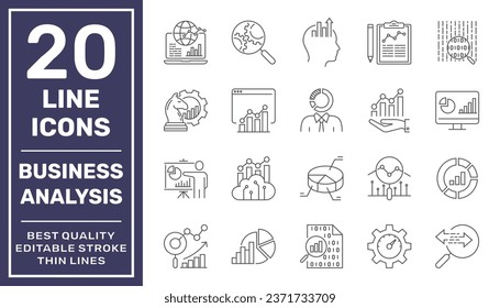Business Analysis thin line vector icons set. Pixel perfect. The set contains icons: Business Strategy, Big Data, Solution, Research, Accountancy. Editable stroke. EPS 10