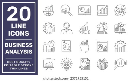 Business Analysis thin line vector icons set. Pixel perfect. The set contains icons: Business Strategy, Big Data, Solution, Research, Accountancy. Editable stroke. EPS 10