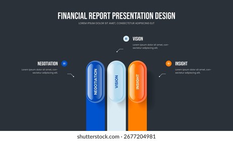 Business Analysis-Slideshow-Layout mit drei Elementen. Vektorgrafik des Designs für kreative Entwicklung. Vertriebsstrategie 3-Schritt-Infografik-Präsentationsvorlage.