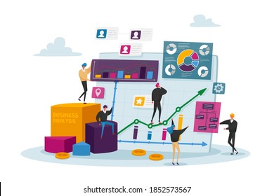 Business Analysis, Tiny Characters at Huge Monitor with Charts. Managers Analyze Information, People Analysing Graphs on Monitor. Team Optimization, Work Improve Process. Cartoon Vector Illustration