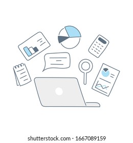 Business analysis tools, market research, web report and audit, analytics marketing and project management icon concept. Flat line vector symbol illustration on white.