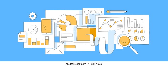 Business analysis tools web banner with laptop, charts and diagram slides, magnifying glass, envelope, pencil, smartphone, cog. Data visualization vector illustration. Data analysis background.