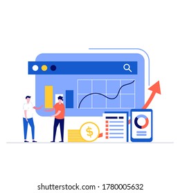 Business analysis vector illustration concept with characters. Modern vector illustration in flat style for landing page, mobile app, poster, flyer, template, web banner, infographics, hero images.