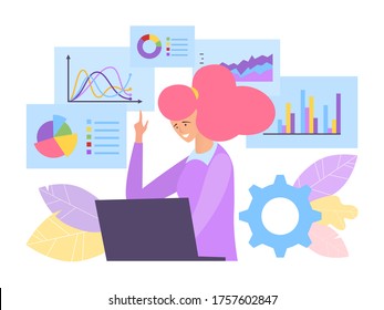 Business analysis vector illustration. Specialist behind laptop models financial chart companys profit increase. Girl work with strategy for solving problems, use basic chart indicators.