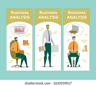 Business Analysis Vertical Banners Set. Office Man Analytic Working with Documents Doing Data Analysis with Graphs and Charts. Analysing Project Statistics Process. Cartoon Flat Vector Illustration.