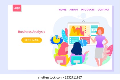 Business analysis website decorated by workers characters discussing graph report. Businesswoman brainstorming and communicating with computer vector. Webpage template, app slider flat style