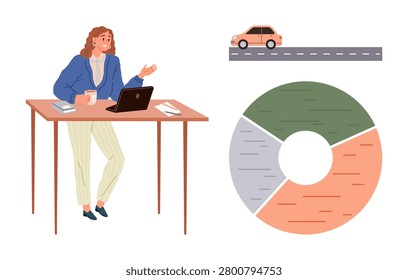 Business analysis, work productivity, data visualization, transportation , decision-making, multitasking. Woman working at desk with laptop and coffee, pie chart car on road. Business analysis