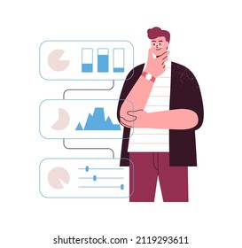 Business analyst analyzing data graphs. Analysis and logic thinking concept. Businessman with project analytics, information in charts. Flat vector illustration isolated on white background