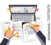 Business analyst or auditor working on statistical data paper documents & using laptop computer with spreadsheets making analytics report. Flat style vector illustration isolated on white background.