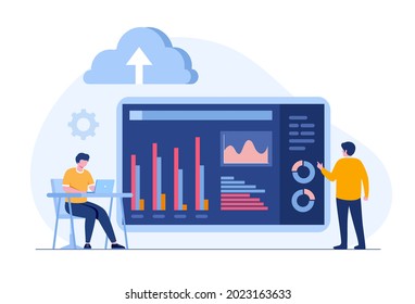 business analyst with cloud services, database security, accounting concept, flat illustration vector