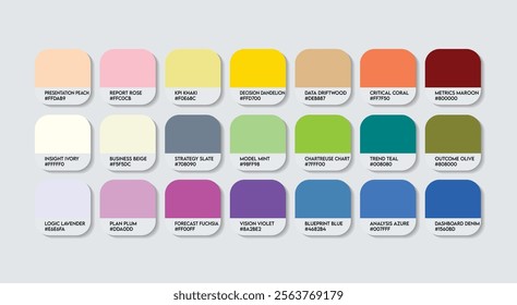 Business Analyst Color Guide Palette with Color Names. Catalog Sample Business Analys with RGB HEX codes and Names. Colors Palette, Business Analyst Color Palette, Fashion Trend Business Color Palette