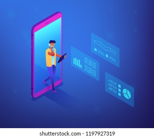 Business analyst coming out of huge smartphone and using gadgets with analysis data. Data insight and interactive data, internet of things concept. Ultraviolet neon vector isometric 3D illustration.