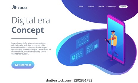 Business analyst coming out of huge smartphone and using gadgets with analysis data. Data insight and interactive data, internet of things concept. Isometric 3D website app landing web page template