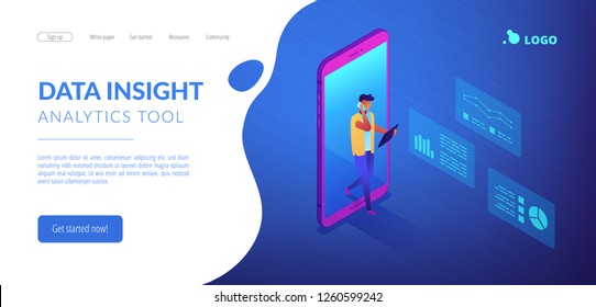 Business analyst coming out of huge smartphone and using gadgets with analysis data. Data insight and interactive data, internet of things concept. Isometric 3D website app landing web page template