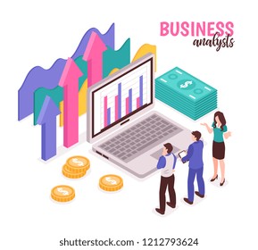Business analyst composition with data diagrams and statistics isometric vector illustration
