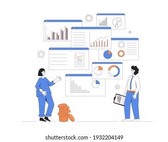 Business analyst concept. Characters with schemes and diagrams. Female and male financial consultants. Vector color line art illustration.