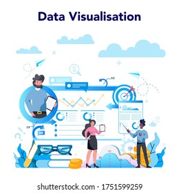 Business Analyst Concept. People Working With Graph And Diagram For Data Visualisation. Business Strategy And Project Management. Optimization And Progress.Isolated Flat Vector Illustration