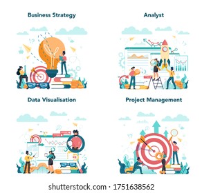 Business analyst concept set. Business strategy and project management. Optimization and progress. People working with graph and diagram. Isolated flat vector illustration