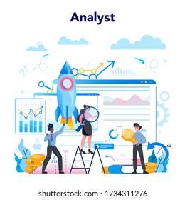 Business analyst concept. Business strategy and project management. Optimization and progress. People working with graph and diagram. Isolated flat vector illustration